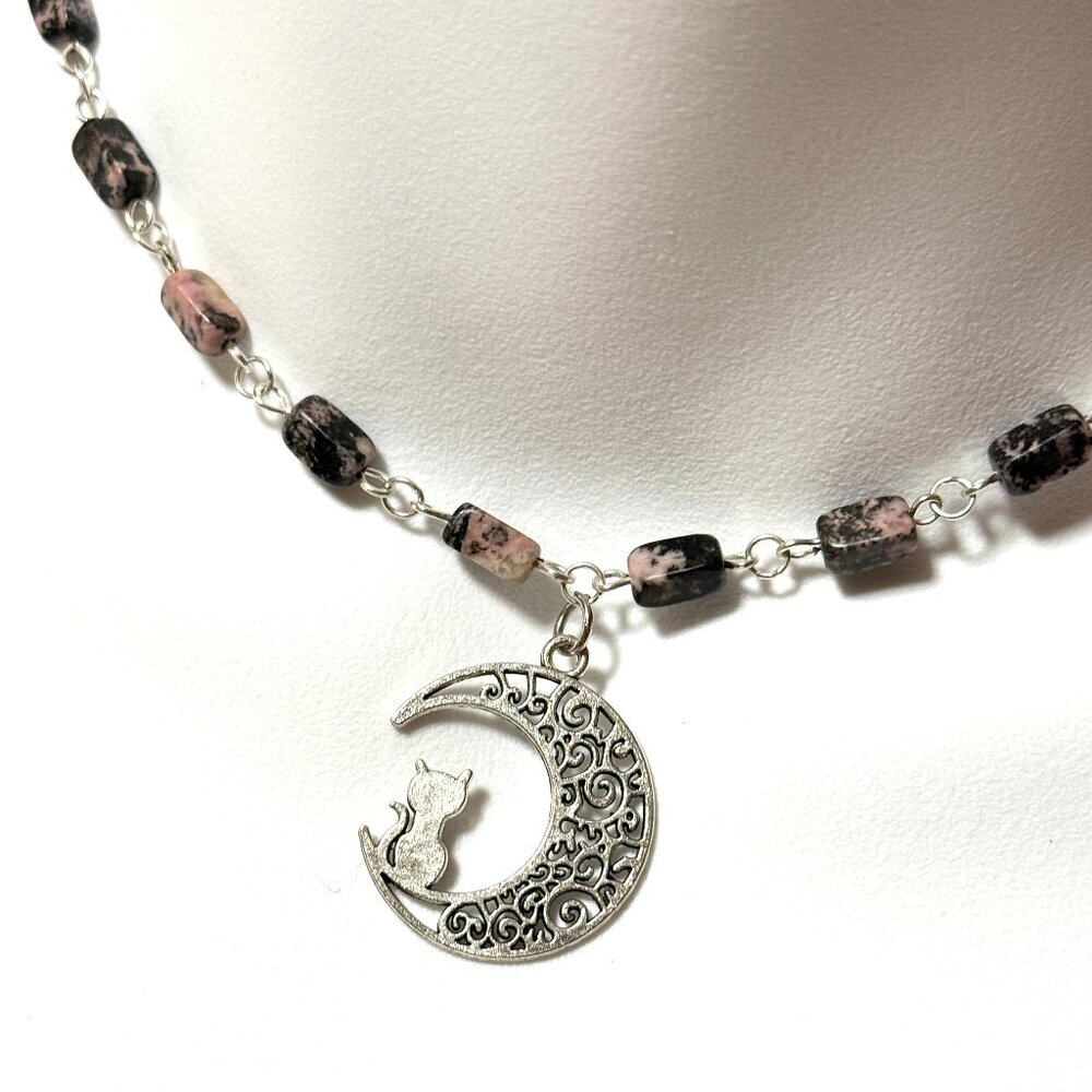 Genuine Gemstone Black Pink Rhodonite w/ Cat on the Moon Pendant Short Necklace